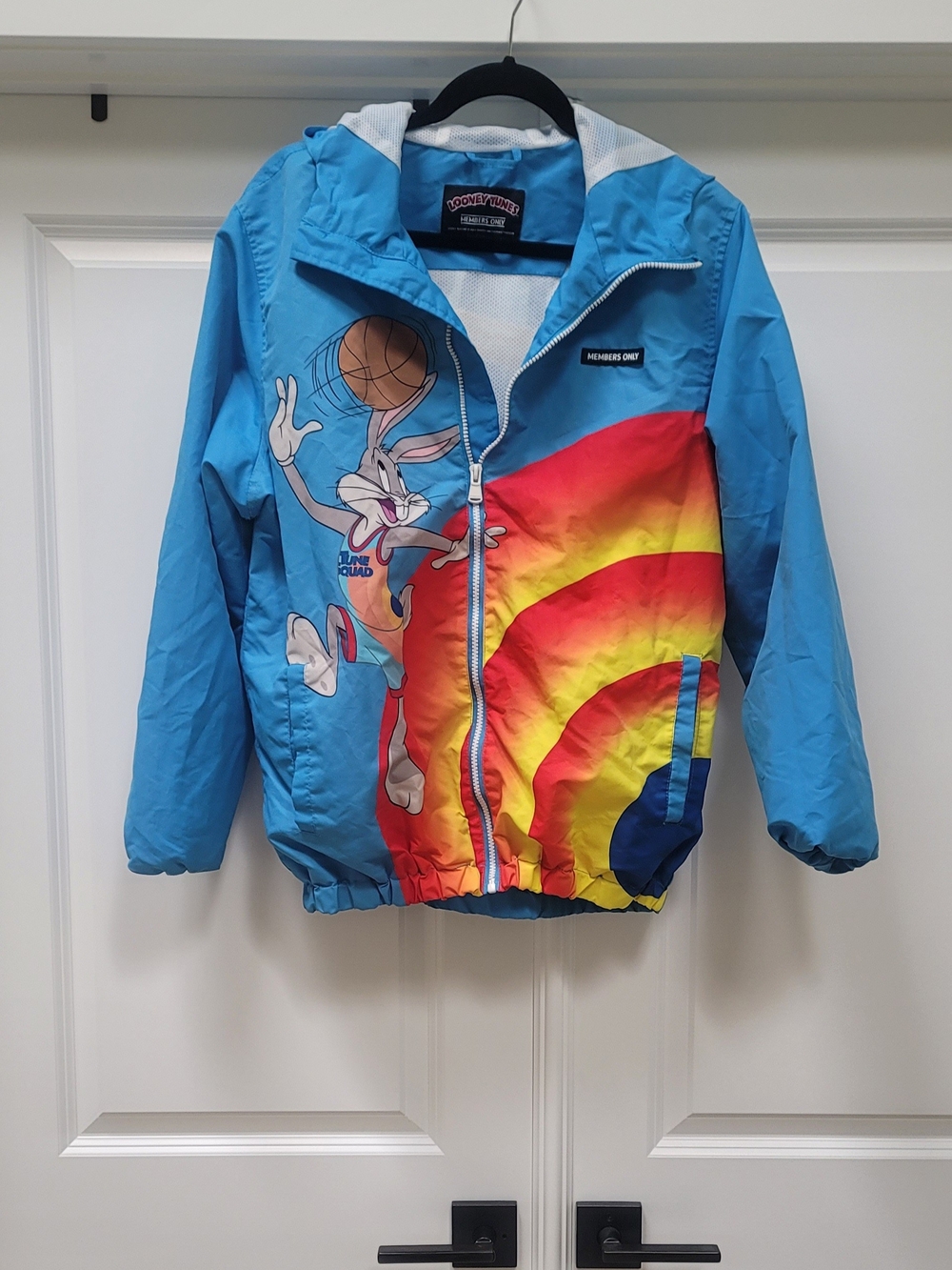 Members Only Blue Windbreaker with Bugs Bunny Rainbow Hoop Graphic